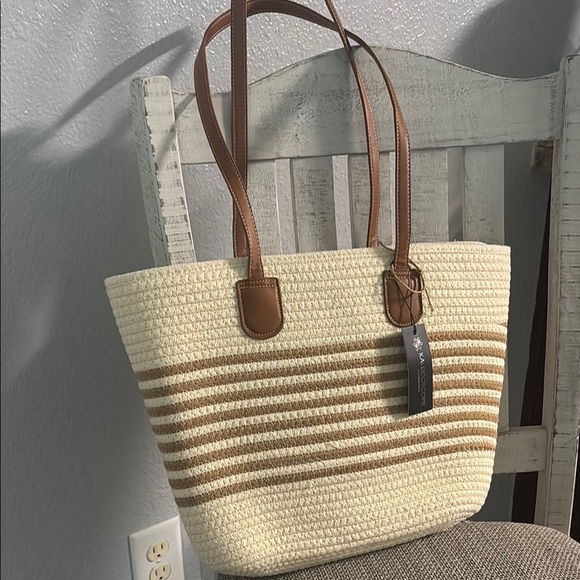 Cream and Brown Striped Tote Bag with Leather Handles - Picture 4 of 8